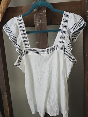 LOFT White Flutter Sleeve Embroidered Square Neck Top